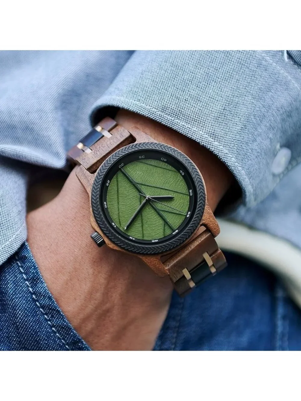 Men's Green Natural Japanese Quartz Minimalist Style Unique Real Wooden Watch